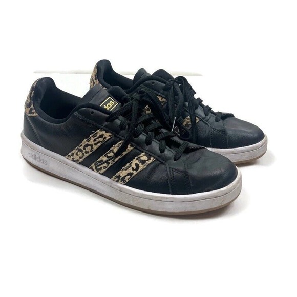 Adidas Shoes Womens 9 Black Leather Cheetah Three Stripe Sneakers Cloudfoam - Picture 1 of 11